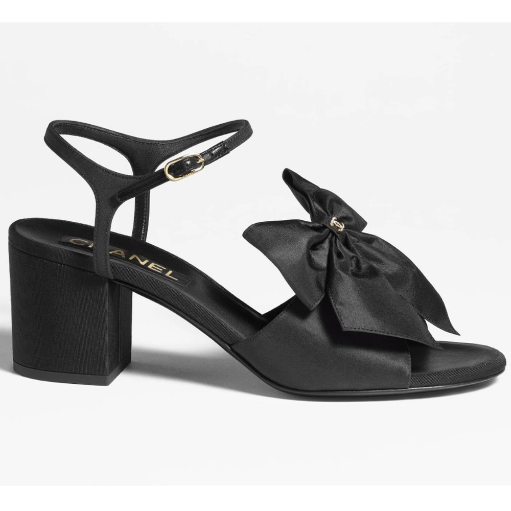 Chanel 24A Black Silk Bow Crystal CC Logo Ankle Strap Block Heel Sandals 42
